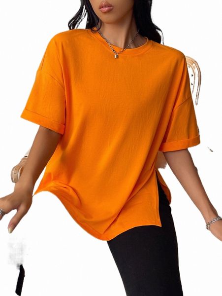 

women's t-shirt drop shoulder split hem tee 2022 new m3gs#, White