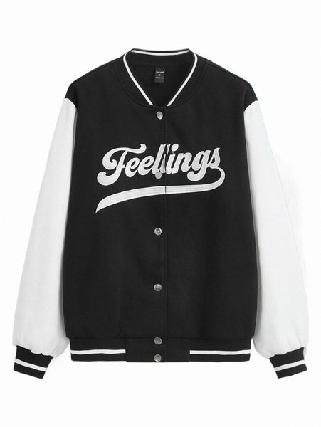 

women's jackets x all the feels letter graphic striped trim color block bomber jacket 33js#, Black;brown