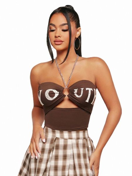 

women's tanks & camis sxy letter graphic crop chain halter h2le#, White
