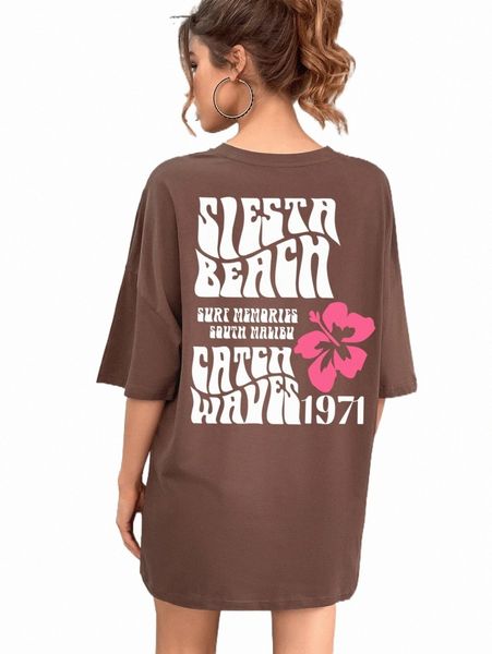

women's t-shirt floral and letter graphic drop shoulder oversized tee y1ia#, White