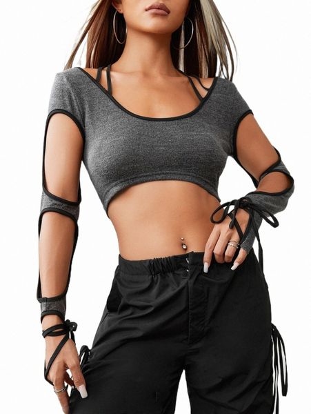 

women's t-shirt cut out knot cuff crop tee 2022 new u9sa#, White