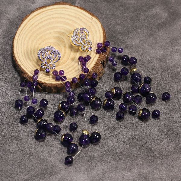 

purple amethyst dangle earrings round beads gold plated stud flower cz fitting for women gifts, Silver