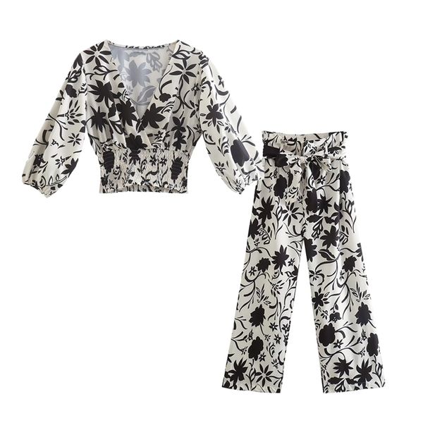 

womens two piece pants suits 2 set elegant chic women printed slim fit vneck high waist casual vacation youth 220906, White