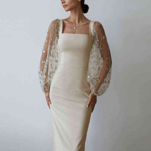 

casual dresses sheer lantern sleeve long dress fashion patchwork embroidery mesh party dress women casual square collar slim bodycon dress t, Black;gray