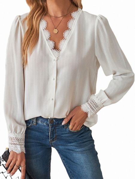 

women's blouses & shirts lace trim puff sleeve blouse t6yr#, White