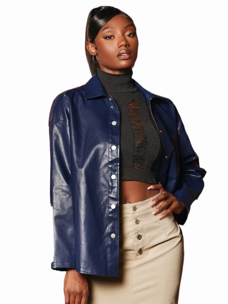 

women's down & parkas solid button through pu leather coat o1vn#, Black