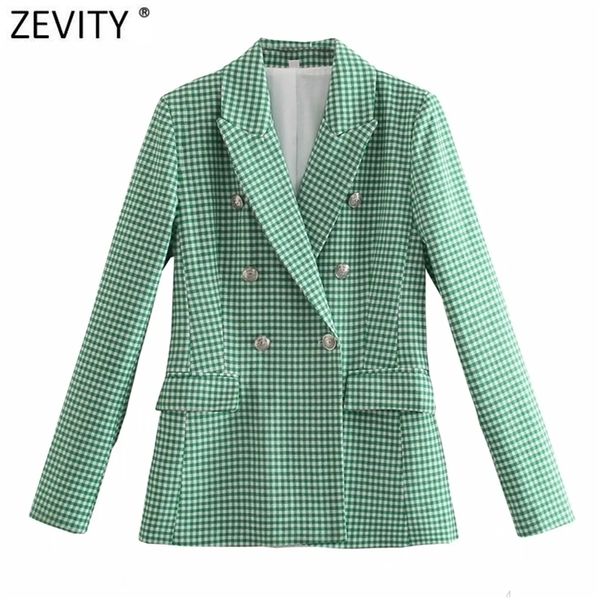 

women's suits blazers zevity women vintage green pink houndstooth plaid print blazer coat office ladies double breasted outerwear chic, White;black