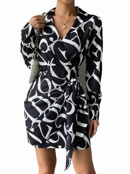 

casual dresses allover letter graphic knot side wrap dress d8hm#, Black;gray