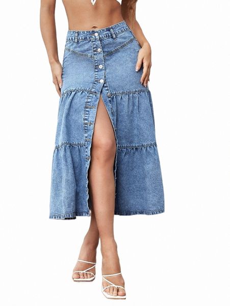 

skirts button front ruffle hem denim skirt 2022 new 910g#, Black