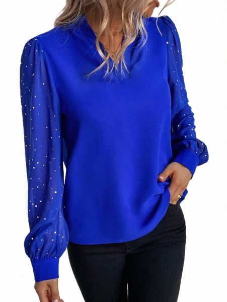 

women's blouses & shirts polka dot bishop sleeve notched neck blouse r1em#, White