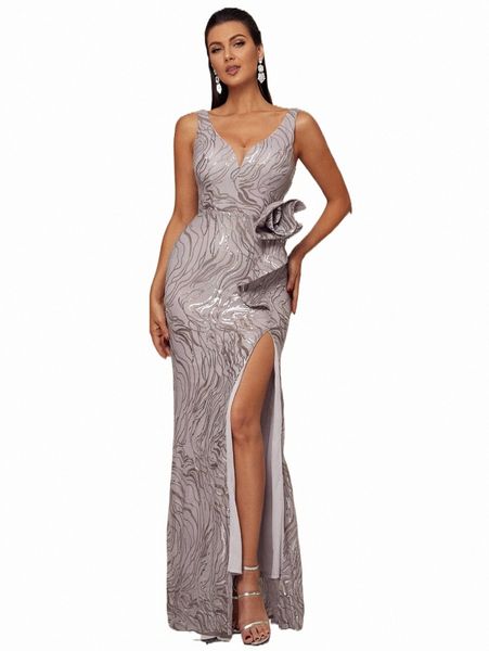 

casual dresses missord ruffle trim split thigh sequin formal dress o8h1#, Black;gray