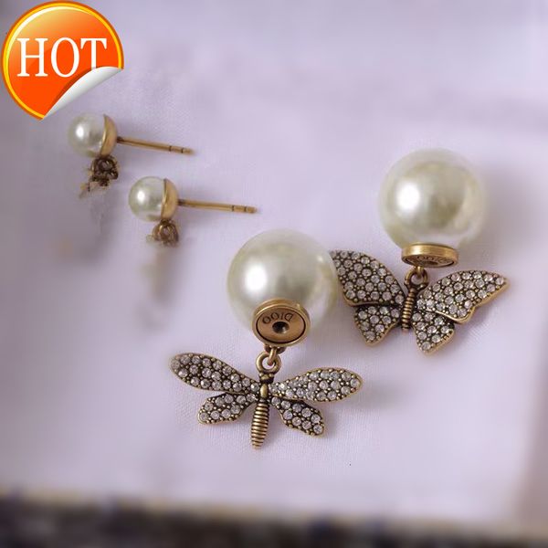 

d family di new earrings butterfly dragonfly asymmetric diamond pearl temperament earrings high sense factory direct sale, Golden