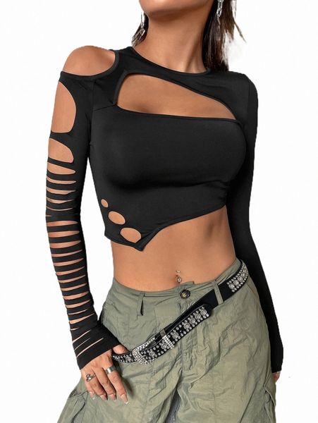 

women's t-shirt ladder cut out asymmetrical hem crop tee 45yx#, White
