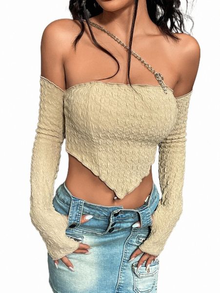 

women's t-shirt off shoulder chain detail thumb holes hanky hem crop g1w9#, White