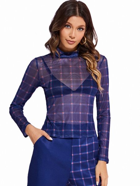 

women's t-shirt x c-era stand neck plaid print sheer mesh 24on#, White