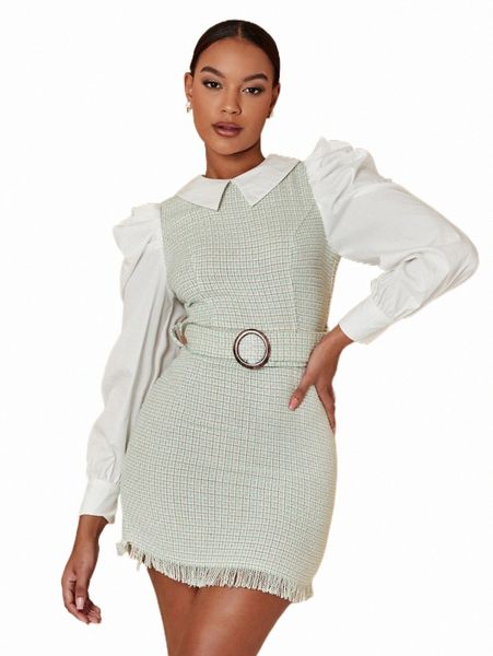 

casual dresses fringe trim puff sleeve belted tweed 2 in 1 dress n2qy#, Black;gray