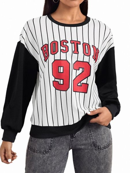 

women's hoodies & sweatshirts striped & letter graphic sweatshirt 30gs#, Black