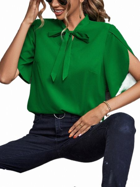 

women's blouses & shirts tie neck petal sleeve blouse 89wd#, White