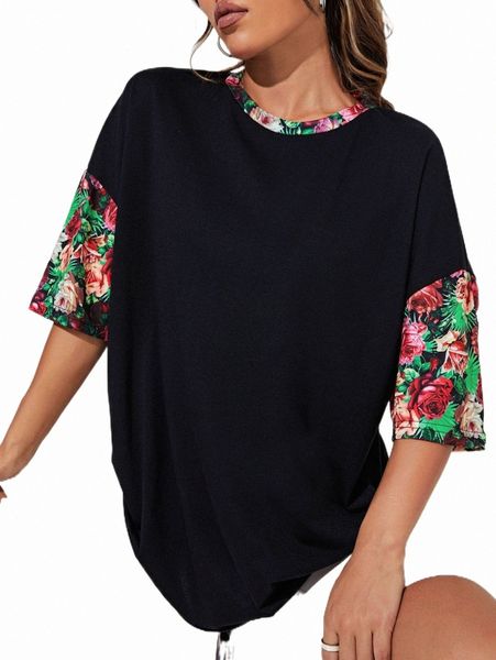 

women's t-shirt floral print drop shoulder tee n4mk#, White