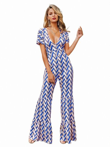 

women's jumpsuits & rompers glamaker chevron print tie back flare leg jumpsuit y2b5#, Black;white