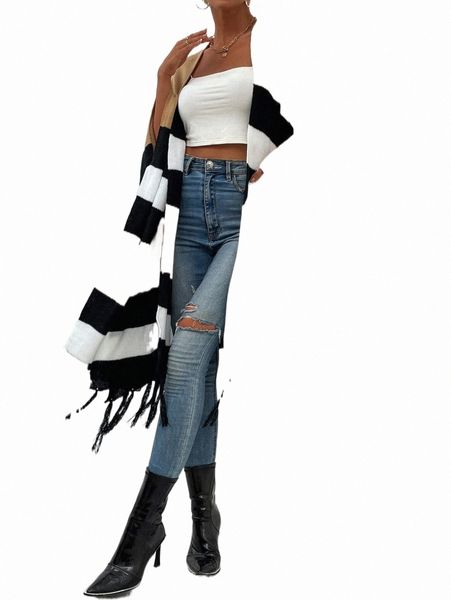 

women's sweaters color block tassel hem wrap cape b0dq#, White;black