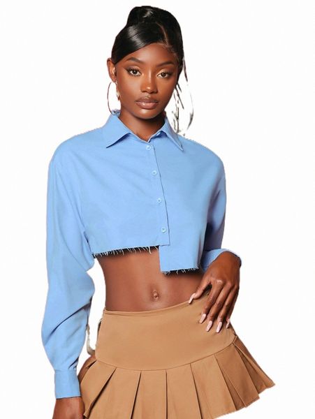 

women's blouses & shirts solid asymmetrical raw hem crop shirt t53w#, White