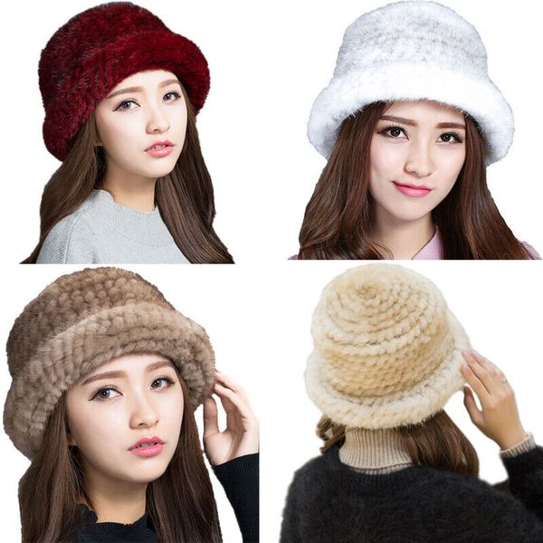 

winter real mink fur bucket hats warm snow cap for women elegant fashion, Blue;gray
