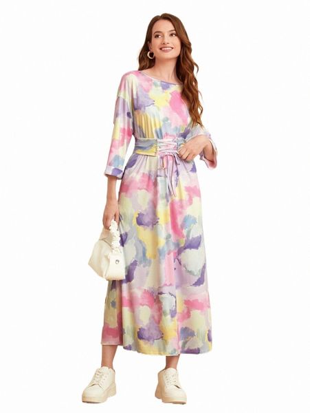 

casual dresses tie dye drop shoulder lace up belted dress l0o5#, Black;gray