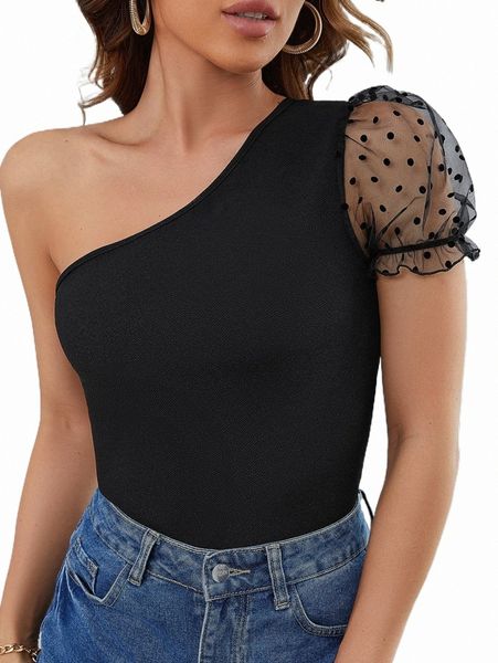 

women's t-shirt dobby mesh sleeve one shoulder 92gv#, White