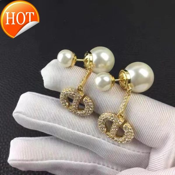 

d family dijia earrings new letter cd light luxury pearl of diamond earrings temperament 925 sier needl factory direct sale, Golden