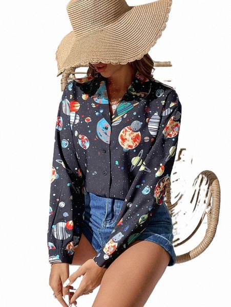 

women's blouses & shirts galaxy print button front shirt q3gb#, White