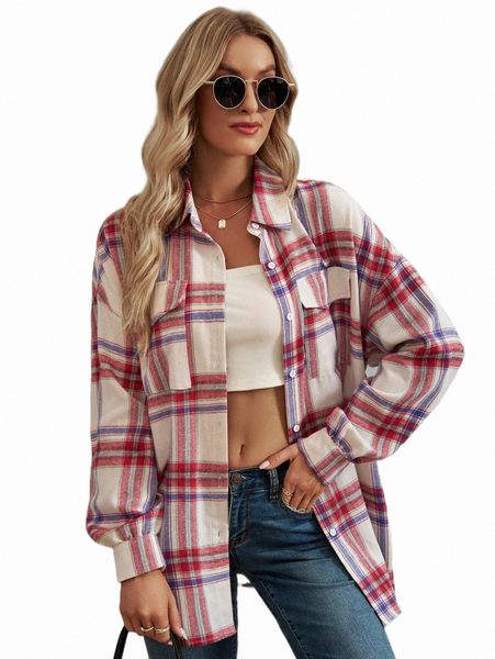 

women's blouses & shirts plaid flap pocket drop shoulder shirt u4jm#, White