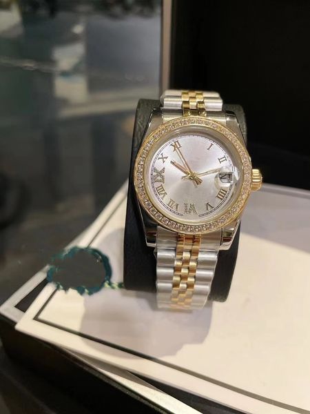 

ladies automatic mechanical watch self-winding dial 31mm waterproof day-date watch 316 stainless steel case with mo diamonds hand-set, Slivery;brown