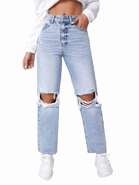 

women's jeans ripped raw cut straight leg jeans n9m4#, Blue