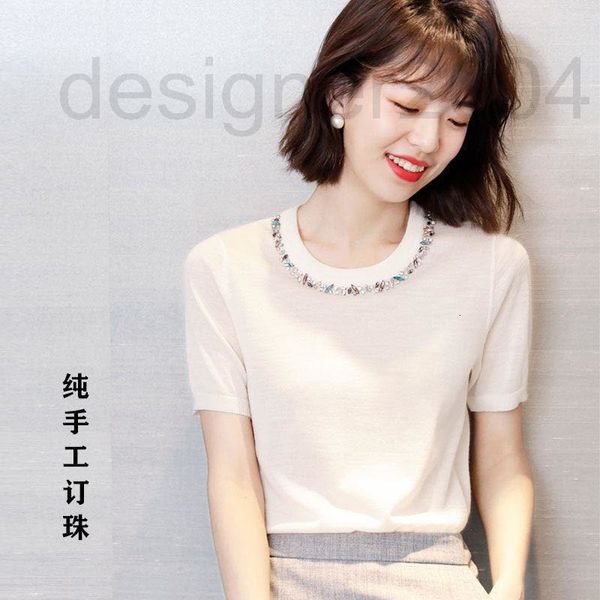 

women's t-shirt designer xiaoxiangfeng hand beaded knitwear 2022 summer new ice silk short sleeve elegant t-shirt loose korean ultra th, White