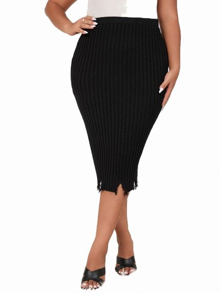 

plus size t-shirt plus split thigh distressed knit skirt i3ew#, Black