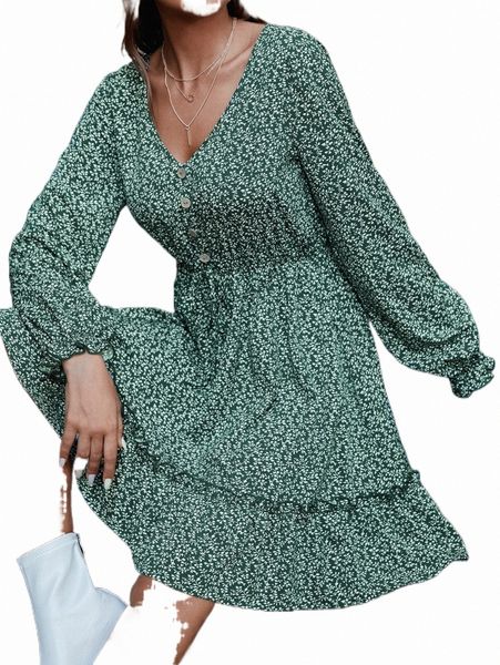 

casual dresses buttoned front frill trim ditsy floral dress j7dh#, Black;gray