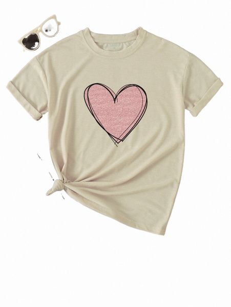 

women's t-shirt heart print round neck tee 2022 new 8520#, White