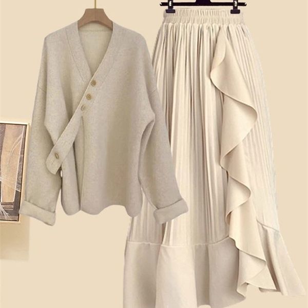 

two piece dress fall winter two pieces sets womens outfits office ladies elegant soft knitted sweater and ruffles patchwork velvet skirts se, White