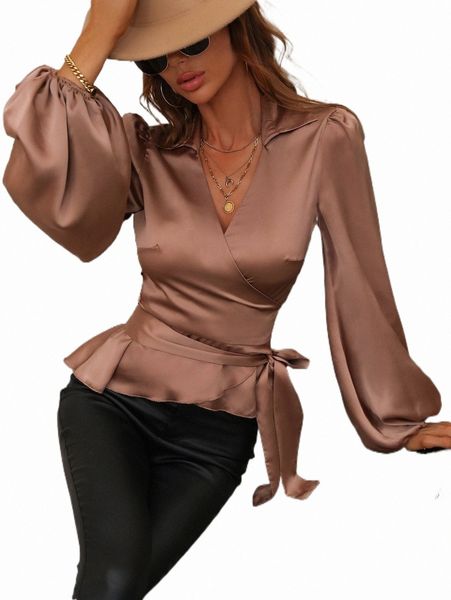 

women's blouses & shirts solid knot side wrap satin blouse 67vn#, White