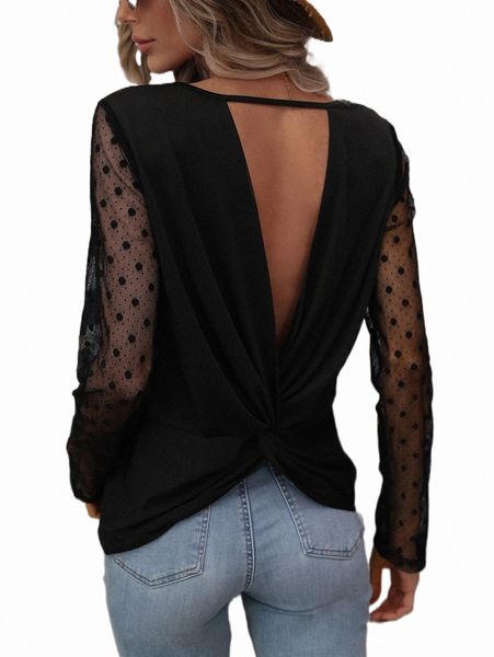 

women's t-shirt dobby mesh insert twist back tee h1ll#, White
