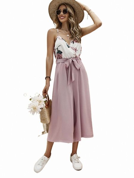 

women's jumpsuits & rompers floral print overlap collar belted cami jumpsuit p9vm#, Black;white