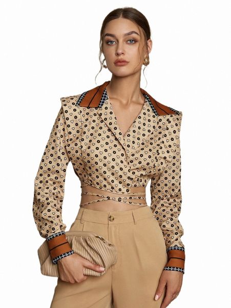 

women's blouses & shirts sollinarry geo print contrast trim wrap crop blouse v2w9#, White