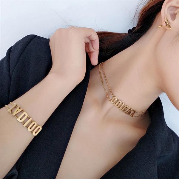 

new designed vintage alphabet choker necklace chokers double chain personality bracelet sets celebrity female luxurious jewelry306g, Golden;silver