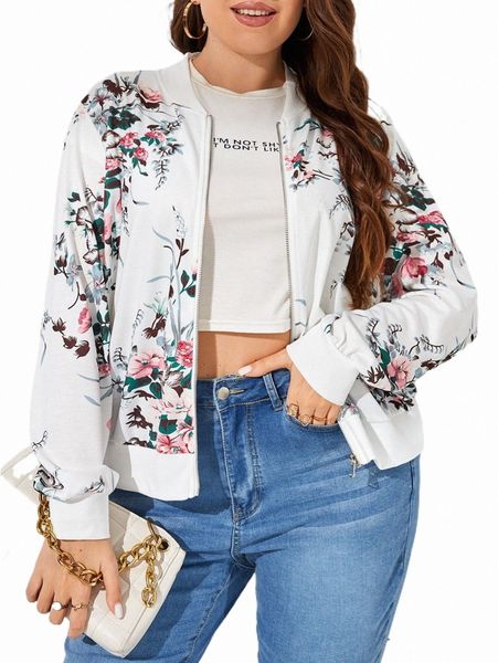 

plus size outerwear & coats plus floral print bomber jacket n0mt#, Black