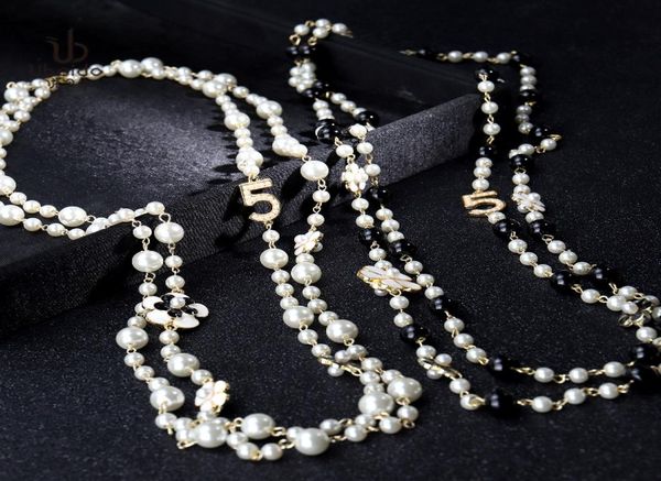 

fashion luxury designer classic flower elegant bright pearl multi layer long winter sweater statement necklace for woman, Black