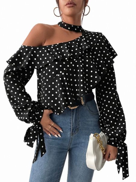 

women's blouses & shirts polka dot asymmetrical neck ruffle trim flounce sleeve blouse b169#, White