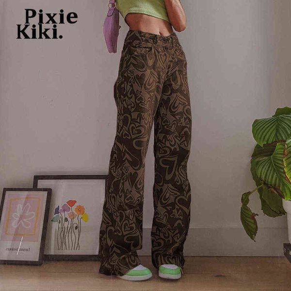 

women's jeans pixiekiki low waist love pattern baggy jeans streetwear denim straight leg pants women winter y2k aesthetic clothes p84-e, Blue