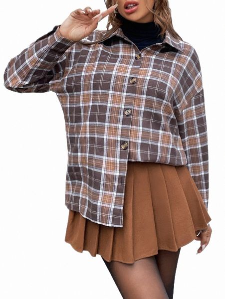 

women's blouses & shirts plaid print drop shoulder shirt m9y4#, White