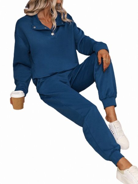 

two piece dress solid half button sweatshirt & sweatpants g9za#, White